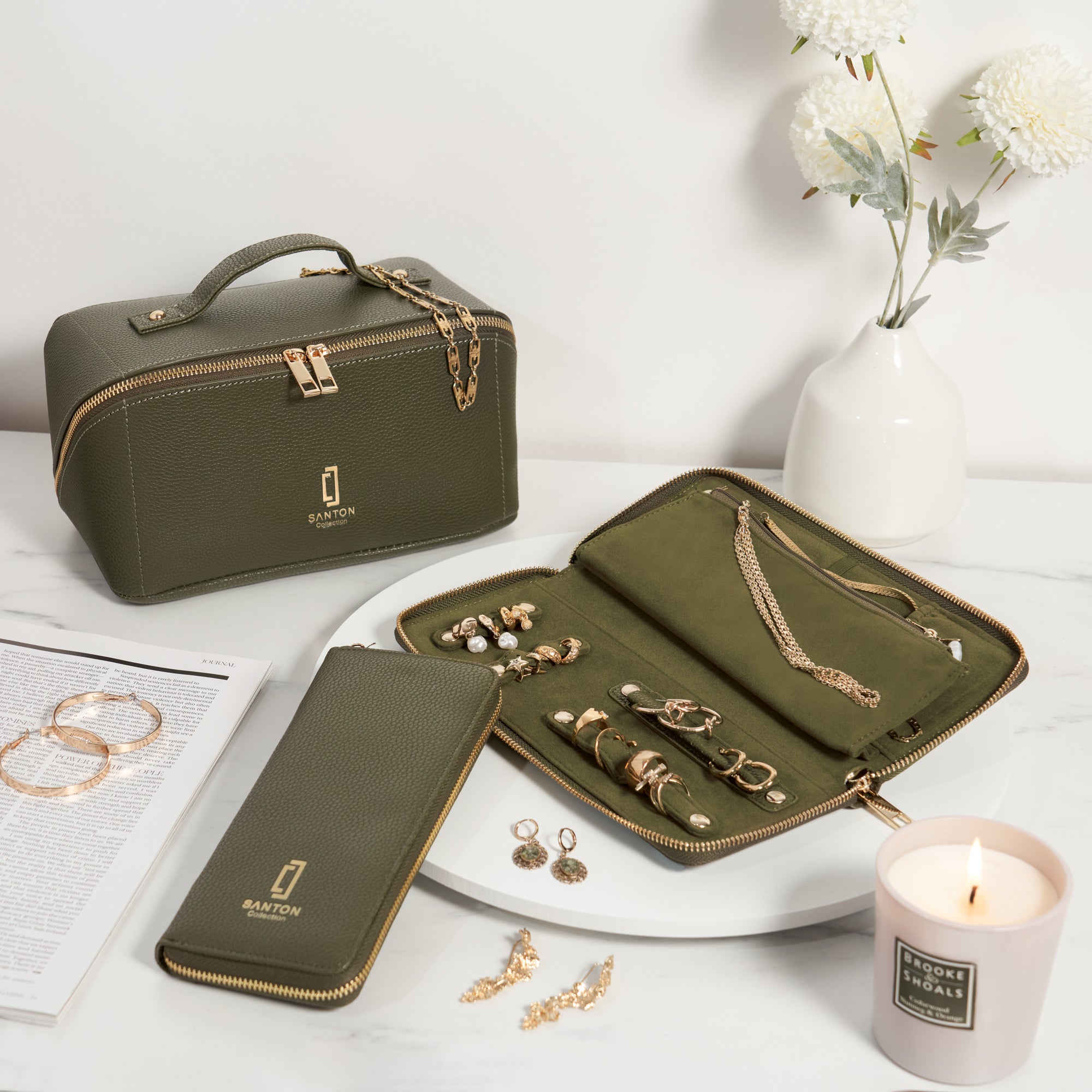 Matching Jewellery Case and Make-up Bag Gift Set - GREEN
