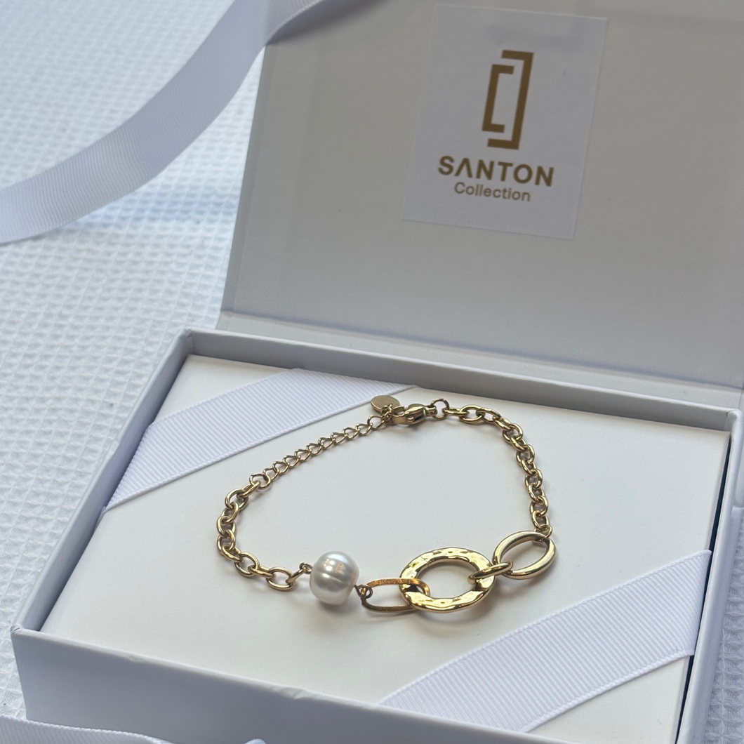 Gold-Plated Link Bracelet with Pearl Accent